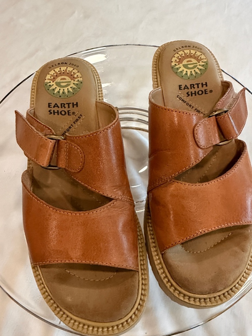 Vintage Earth Shoes Willow Brown Leather Slide Sandals with Buckle Size 9
